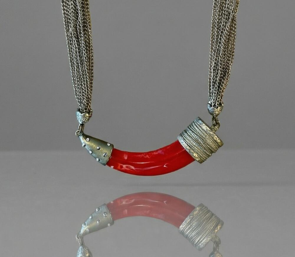 Vintage Red Resin Horn Pendant Multi-Strand Chain Necklace